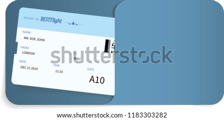 Blue airline ticket or boarding pass inside of special service envelope. Travel or journey concept.