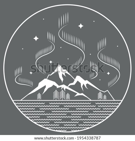 Illustration of simple line art landscape with mountains and water waves at night with northern lights in a circle frame