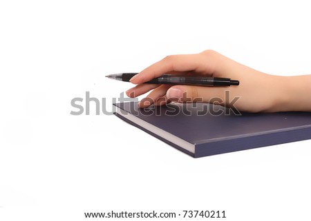 female hand with pen isolated on white background and a notebook