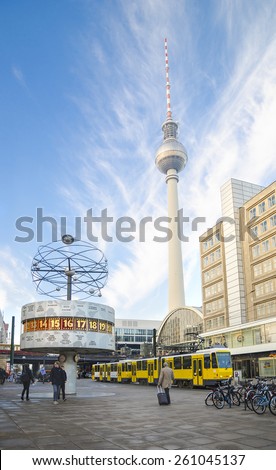 BERLIN -NOVEMBER 11: World clock and TV Tower in Alexanderplatz on 11 November 2014 in Berlin, Germany. Alexanderplatz is a large square and transport hub