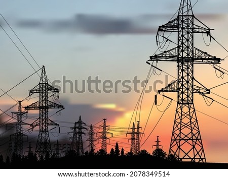 illustration with electric power pylons in black forest at sunset