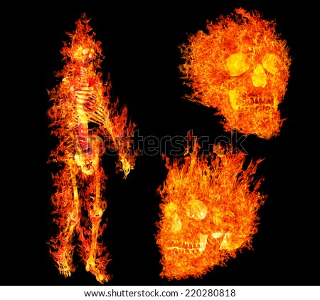 human skeleton ans skulls in flame on isolated on black background