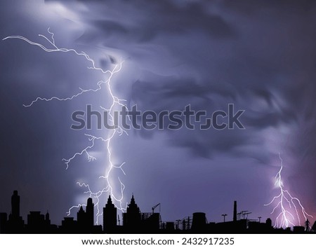 illustration with dark city landscape at thunderstorm