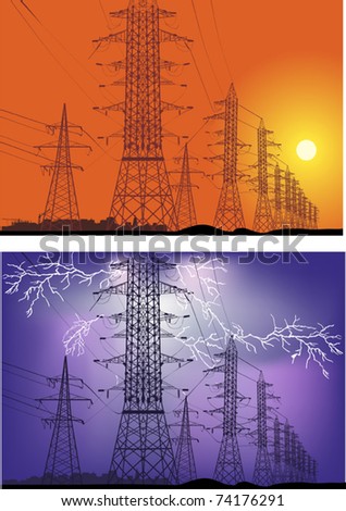 illustration with high-voltage line at thunderstorm and sunset