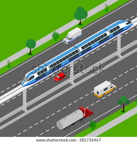 Monorail 3d isometric illustration. High-speed train. High tech world. Monorail train. modern city, high-speed transport for passengers. Urban transport movement.