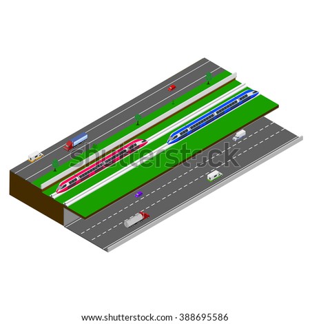 Monorail 3d isometric illustration. High-speed train. High tech world. Monorail train. modern city, high-speed transport for passengers. Urban transport movement. 