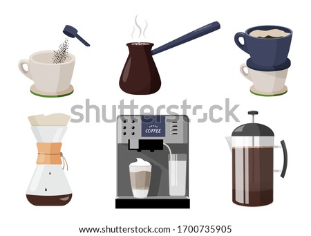 Coffee shop collection . Few ways to make coffee. Different mays of coffee preparing. Coffee machine, cup, french press,  pourover, cezve or ibrik.