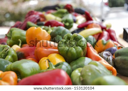 Freshly harvested garden vegetables for sale at a farmer\'s market produce stand.  Selective focus was used on this image.
