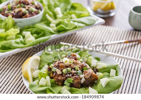 Asian lobster lettuce wraps with selective focus