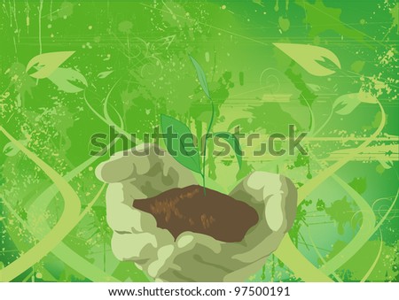 Growing plant / hands hold little plant, floral abstract background.