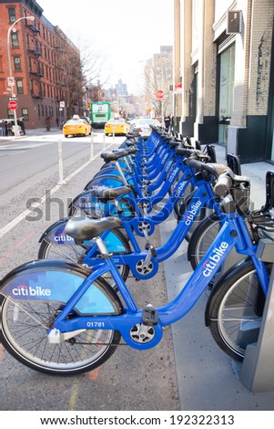 NEW YORK - APRIL 6:   Bicycles from Citibank\'s Citibike bicycle share program await riders in New York City. Photo taken April 6, 2014.