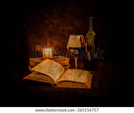 A glass of red wine and a bottle of wine sit beside a pile of classic novels.  The scene is lit by candlelight. An open book sits in the foreground.  Photo is made to look almost like a painting.