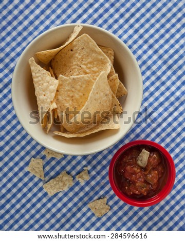 A bowl of corn tortilla chips sit beside a red bowl of salsa on a blue and white checkered tablecloth.  Pieces of tortilla are broken in the foreground.