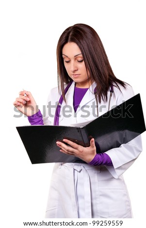 Young caring doctor or health care worker in white uniform, with stethoscope and black folder
