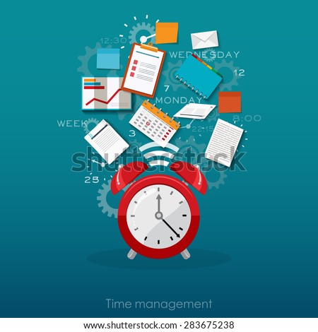 Time management concept planning, organization, working time. Flat vector illustration.