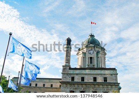 The Musee du Fort is one of the prime landmarks of Quebec City.  The Canadian flag is raised above the Fort, while a ring of United Nations flags circles the park below.