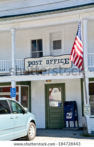 Marshfield, VT, USA - October 1, 2013: A car is parked in the handicapped space outside the Marshfield, VT town post office on a sunny afternoon.