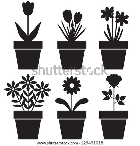 Set of silhouettes of flowers in pots