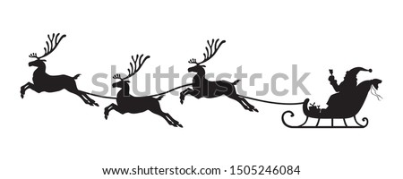 Vector illustrations of silhouette of Santa Claus flying on reindeer sleigh