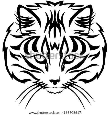 Contour black and white image muzzle tabby cat - stock vector