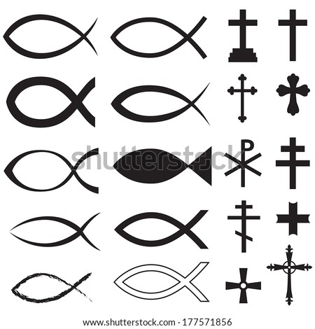 Set Christian fish symbol and different crosses