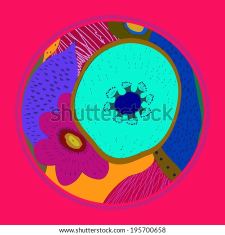 Card with blue exotic flower in a circle on a pink background.