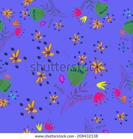 Seamless pattern of colored flowers, branches, leaves on a light blue background. Handmade.Raster version.