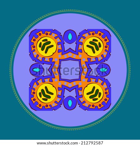 Abstract card with  circular  pattern of colored  floral motif  on a light blue circle and azure frame. Handmade.Raster version.