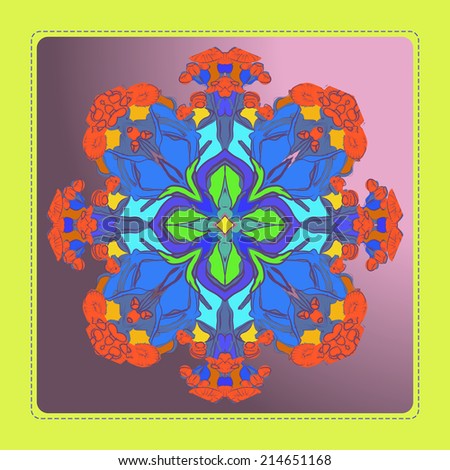 Card with circular floral ornament in a gradient rounded rectangle with orange summer flowers. Raster version.