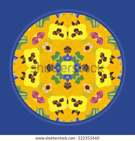 Card with circular  pattern of colored floral motifs, yellow poppy,spots in a circle. Handmade. Raster version.