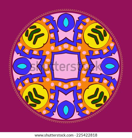 Card with  circular  pattern of colored  floral motif  on a light pink circle.Handmade. Raster version.