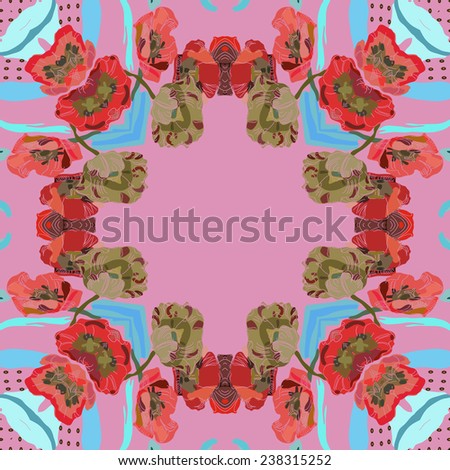 Circular seamless  pattern of colored floral motif, flowers, tulips on a pink  background. Handmade.