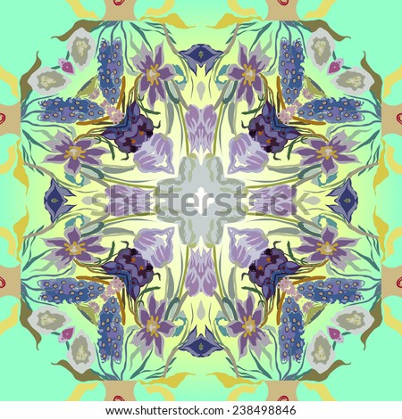 Circular seamless  pattern of colored floral motif,flowers,tulips, crocuses on a gradient  background. Handmade.