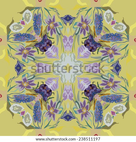 Circular seamless  pattern of colored floral motif,flowers,tulips, crocuses on a pale yellow background. Handmade.