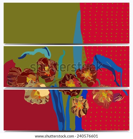Colored set  cards of floral motif, colored branch, tulips with color space. Hand drawn.
