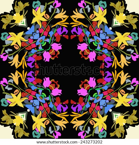 Circular seamless pattern of colored floral motifs,yellow flowers, leaves  on a black  background. Hand drawn.