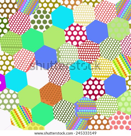 Pattern of colored patchwork polygons  on a  gradient gray background.  Handmade.