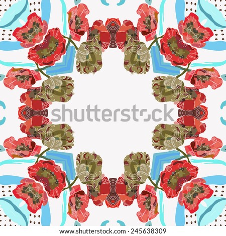 Circular seamless  pattern of colored floral motif, flowers, tulips on a white background. Hand drawn.