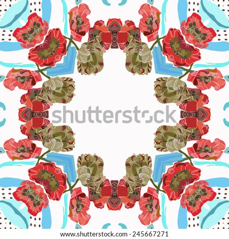 Circular   seamless  pattern of colored floral motif, flowers, tulips  on a  white background. Hand drawn.