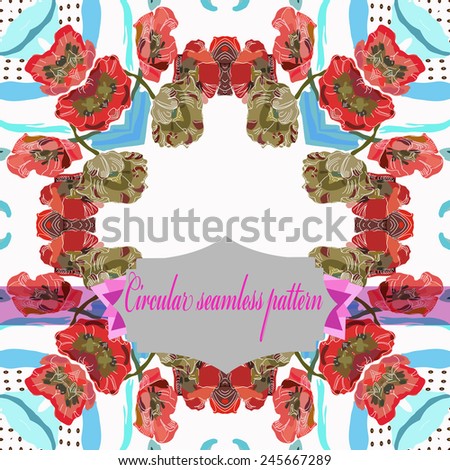 Circular   seamless  pattern of colored floral motif, flowers, tulips, label on a white  background. Hand drawn.