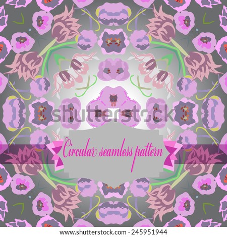 Circular seamless  pattern of colored floral motif, flowers, tulips, label on a  gradient gray  background. Hand drawn.