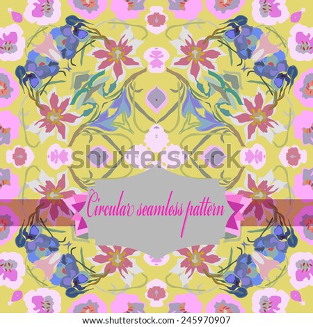 Circular seamless  pattern of colored floral motif, flowers, tulips, crocuses, label on a  light  background. Hand drawn.