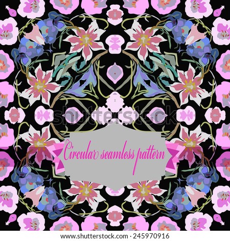 Circular seamless  pattern of colored floral motif, flowers, tulips, crocuses, label on a black  background. Hand drawn.