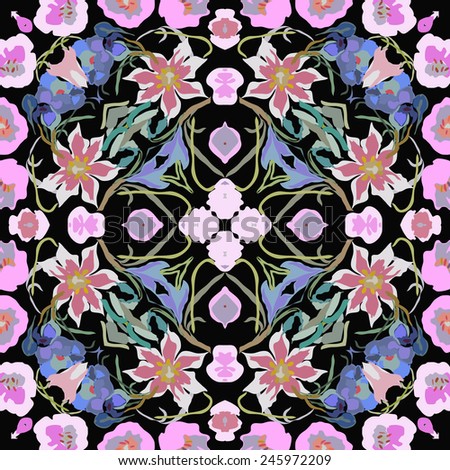 Circular seamless  pattern of colored floral motif, flowers, tulips, crocuses on a  black background. Hand drawn.