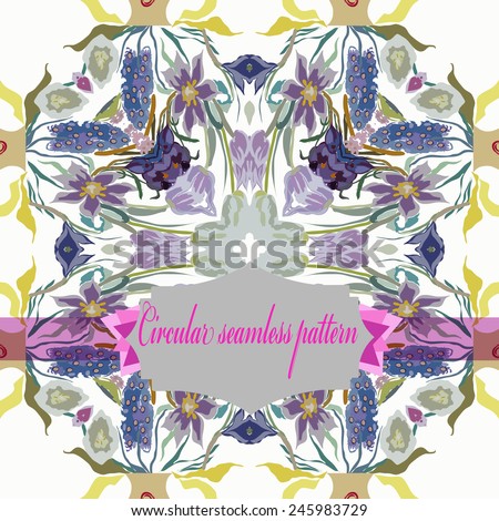 Circular seamless  pattern of colored floral motif,flowers,tulips, crocuses, label on a white  background. Hand drawn.