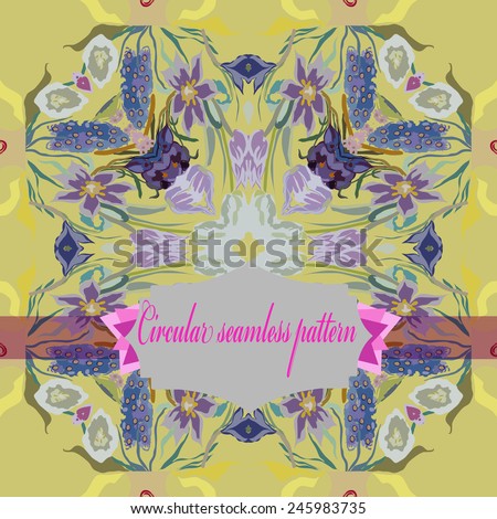 Circular seamless  pattern of colored floral motif,flowers,tulips, crocuses, label on a pale yellow background. Hand drawn.