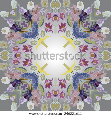 Circular seamless  pattern of colored floral motif,flowers,tulips, crocuses   on a  gradient gray  background. Hand drawn.
