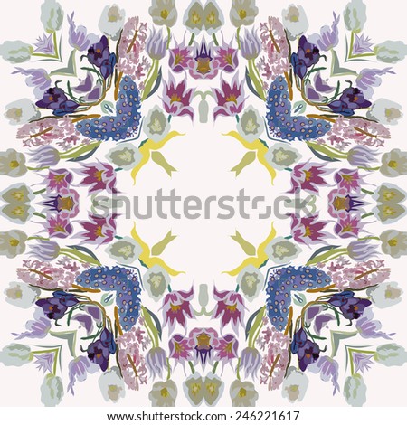 Circular seamless  pattern of colored floral motif,flowers,tulips, crocuses   on a white   background. Hand drawn.