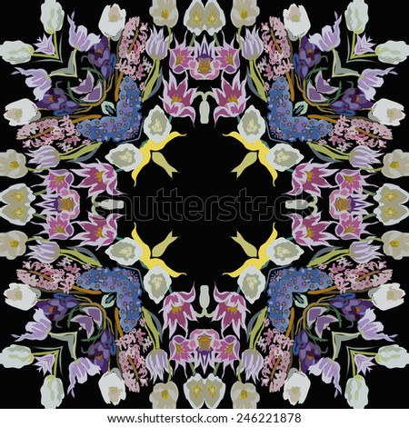 Circular seamless  pattern of colored floral motif,flowers,tulips, crocuses   on a black   background. Hand drawn.