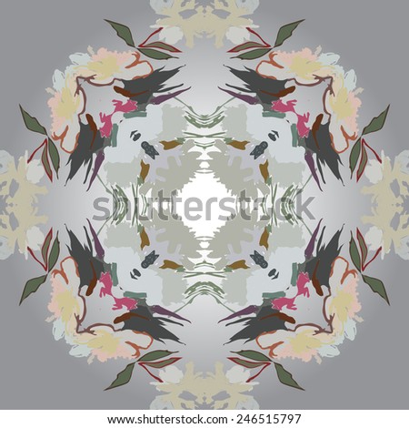 Circular seamless pattern of floral motifs, peonies  on a gradient gray background. Hand drawn.